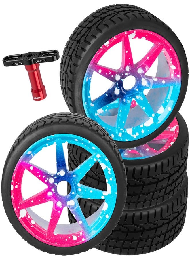 BRCatWPark RC Highway Tires Wheel for 1/7 Infraction 6S BLX/Limitless,1/8 Typhon 6s BLX,7 Spokes Wheel Rim & Rubber Highway Tires RC Drift Tires,Blue Pink - Image 1